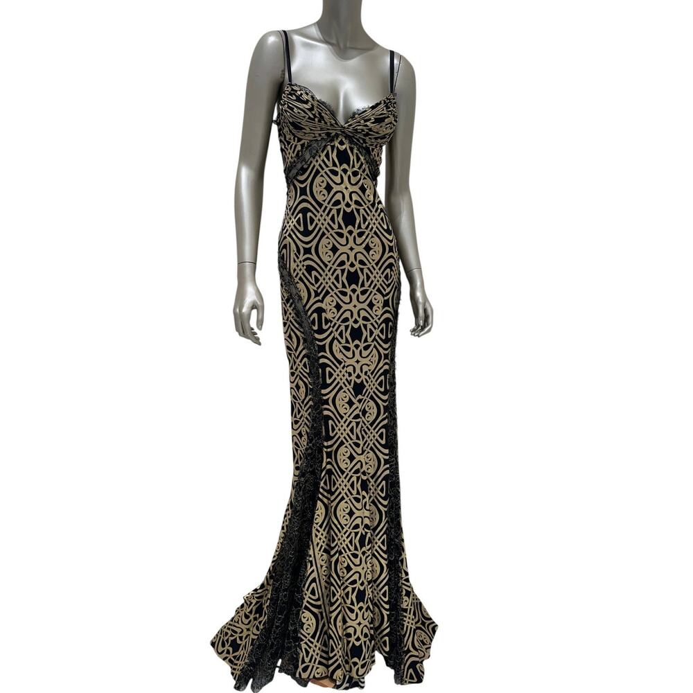 Roberto Cavalli Black & Gold Print Silk Maxi Dress Sz 38